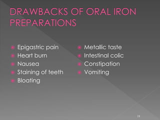 19
 Epigastric pain
 Heart burn
 Nausea
 Staining of teeth
 Bloating
 Metallic taste
 Intestinal colic
 Constipation
 Vomiting
 
