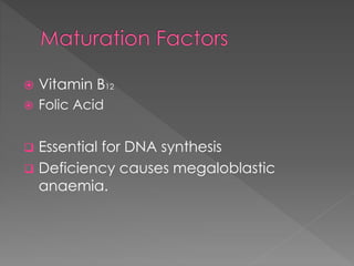  Vitamin B12
 Folic Acid
 Essential for DNA synthesis
 Deficiency causes megaloblastic
anaemia.
 