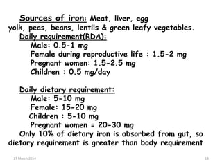 Sources of iron: Meat, liver, egg
yolk, peas, beans, lentils & green leafy vegetables.
Daily requirement(RDA):
Male: 0.5-1 mg
Female during reproductive life : 1.5-2 mg
Pregnant women: 1.5-2.5 mg
Children : 0.5 mg/day
Daily dietary requirement:
Male: 5-10 mg
Female: 15-20 mg
Children : 5-10 mg
Pregnant women = 20-30 mg
Only 10% of dietary iron is absorbed from gut, so
dietary requirement is greater than body requirement18
17 March 2014 18
 