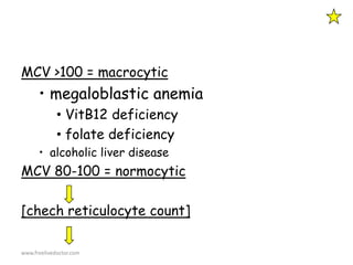 MCV >100 = macrocytic
• megaloblastic anemia
• VitB12 deficiency
• folate deficiency
• alcoholic liver disease
MCV 80-100 = normocytic
[chech reticulocyte count]
www.freelivedoctor.com
 