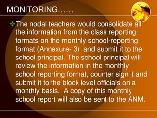 MONITORING…… 
The nodal teachers would consolidate all 
the information from the class reporting 
formats on the monthly school-reporting 
format (Annexure- 3) and submit it to the 
school principal. The school principal will 
review the information in the monthly 
school reporting format, counter sign it and 
submit it to the block level officials on a 
monthly basis. A copy of this monthly 
school report will also be sent to the ANM. 
 