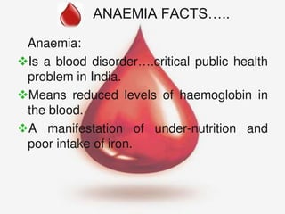 ANAEMIA FACTS….. 
Anaemia: 
Is a blood disorder….critical public health 
problem in India. 
Means reduced levels of haemoglobin in 
the blood. 
A manifestation of under-nutrition and 
poor intake of iron. 
 