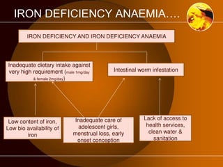 IRON DEFICIENCY ANAEMIA…. 
IRON DEFICIENCY AND IRON DEFICIENCY ANAEMIA 
Inadequate dietary intake against 
very high requirement (male 1mg/day 
& female 2mg/day) 
Intestinal worm infestation 
Low content of iron, 
Low bio availability of 
iron 
Inadequate care of 
adolescent girls, 
menstrual loss, early 
onset conception 
Lack of access to 
health services, 
clean water & 
sanitation 
 
