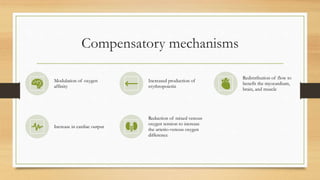 Compensatory mechanisms
Modulation of oxygen
affinity
Increased production of
erythropoietin
Redistribution of flow to
benefit the myocardium,
brain, and muscle
Increase in cardiac output
Reduction of mixed venous
oxygen tension to increase
the arterio-venous oxygen
difference
 