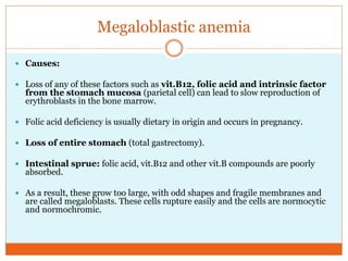 Megaloblastic anemia
 Causes:
 Loss of any of these factors such as vit.B12, folic acid and intrinsic factor
from the stomach mucosa (parietal cell) can lead to slow reproduction of
erythroblasts in the bone marrow.
 Folic acid deficiency is usually dietary in origin and occurs in pregnancy.
 Loss of entire stomach (total gastrectomy).
 Intestinal sprue: folic acid, vit.B12 and other vit.B compounds are poorly
absorbed.
 As a result, these grow too large, with odd shapes and fragile membranes and
are called megaloblasts. These cells rupture easily and the cells are normocytic
and normochromic.
 