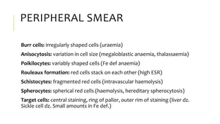 PERIPHERAL SMEAR
Burr cells: irregularly shaped cells (uraemia)
Anisocytosis: variation in cell size (megaloblastic anaemia, thalassaemia)
Poikilocytes: variably shaped cells (Fe def anaemia)
Rouleaux formation: red cells stack on each other (high ESR)
Schistocytes: fragmented red cells (intravascular haemolysis)
Spherocytes: spherical red cells (haemolysis, hereditary spherocytosis)
Target cells: central staining, ring of pallor, outer rim of staining (liver dz.
Sickle cell dz. Small amounts in Fe def.)
 