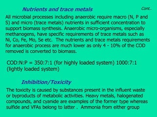 All microbial processes including anaerobic require macro (N, P and
S) and micro (trace metals) nutrients in sufficient co...