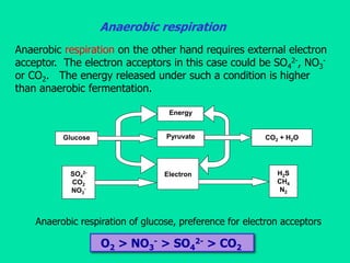 Anaerobic respiration
Anaerobic respiration on the other hand requires external electron
acceptor. The electron acceptors ...