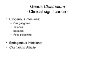 Genus Clostridium
- Clinical significance -
• Exogenous infections:
– Gas gangrene
– Tetanus
– Botulism
– Food poisoning
• Endogenous infections:
• Clostridium difficile
 