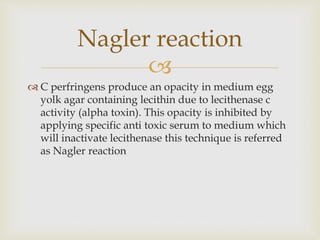 
 C perfringens produce an opacity in medium egg
yolk agar containing lecithin due to lecithenase c
activity (alpha toxin). This opacity is inhibited by
applying specific anti toxic serum to medium which
will inactivate lecithenase this technique is referred
as Nagler reaction
Nagler reaction
 