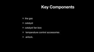 Key Components
the gas
catalyst
catalyst fan box
temperature control accessories
airlock.
 