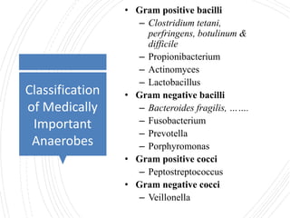 Classification
of Medically
Important
Anaerobes
• Gram positive bacilli
– Clostridium tetani,
perfringens, botulinum &
difficile
– Propionibacterium
– Actinomyces
– Lactobacillus
• Gram negative bacilli
– Bacteroides fragilis, …….
– Fusobacterium
– Prevotella
– Porphyromonas
• Gram positive cocci
– Peptostreptococcus
• Gram negative cocci
– Veillonella
 
