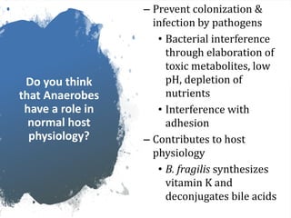 Do you think
that Anaerobes
have a role in
normal host
physiology?
– Prevent colonization &
infection by pathogens
• Bacterial interference
through elaboration of
toxic metabolites, low
pH, depletion of
nutrients
• Interference with
adhesion
– Contributes to host
physiology
• B. fragilis synthesizes
vitamin K and
deconjugates bile acids
 