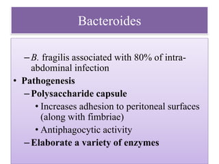 Bacteroides
–B. fragilis associated with 80% of intra-
abdominal infection
• Pathogenesis
–Polysaccharide capsule
• Increases adhesion to peritoneal surfaces
(along with fimbriae)
• Antiphagocytic activity
–Elaborate a variety of enzymes
 