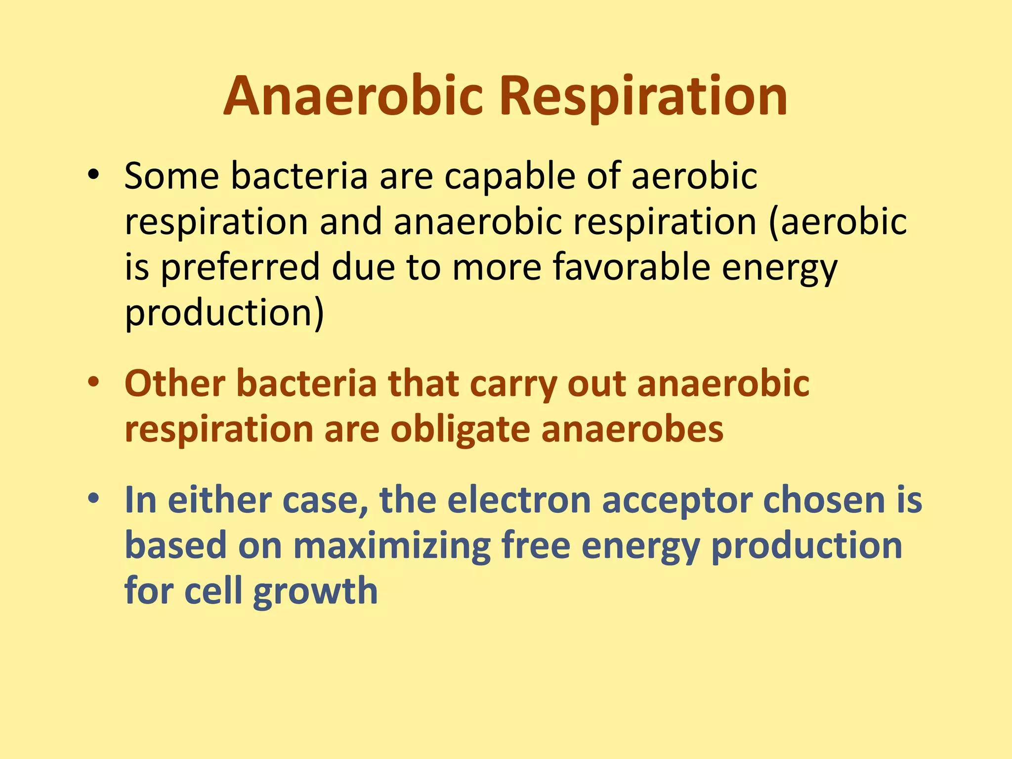 Anaerobic Respiration
• Some bacteria are capable of aerobic
respiration and anaerobic respiration (aerobic
is preferred due to more favorable energy
production)
• Other bacteria that carry out anaerobic
respiration are obligate anaerobes
• In either case, the electron acceptor chosen is
based on maximizing free energy production
for cell growth
 