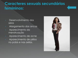 •    Desenvolvimento dos
    seios
•    Alargamento das ancas
•    Aparecimento da
    menstruação
•    Aparecimento de acne
•    Aparecimento de pêlos
    no púbis e nas axilas.
 