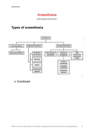 Anaesthesia
*Baricity refers to the density of a substance compared to the density of human cerebrospinal fluid. 1
Anaesthesia
(what surgeon should know! )
Types of anaesthesia
 Combined
 