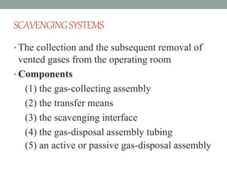 SCAVENGINGSYSTEMS
• The collection and the subsequent removal of
vented gases from the operating room
• Components
(1) the gas-collecting assembly
(2) the transfer means
(3) the scavenging interface
(4) the gas-disposal assembly tubing
(5) an active or passive gas-disposal assembly
 