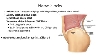 Nerve blocks
• Interscalene – shoulder surgery( horner syndrome/phrenic nerve block)
• Axillary brachial plexus block
• Femoral and sciatic block
• Transverse abdominis plane (TAP)block—
• T6-L1 segment block
• LA in fascial plane in between Int. Oblique and
Transverse abdominis
• Intravenous regional anaesthisia(Bier’s )
 