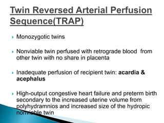  Monozygotic twins
 Nonviable twin perfused with retrograde blood from
other twin with no share in placenta
 Inadequate perfusion of recipient twin: acardia &
acephalus
 High-output congestive heart failure and preterm birth
secondary to the increased uterine volume from
polyhydramnios and increased size of the hydropic
nonviable twin
 