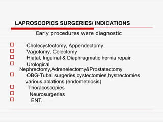 LAPROSCOPICS SURGERIES/ INDICATIONS
Early procedures were diagnostic
 Cholecystectomy, Appendectomy
 Vagotomy, Colectomy
 Hiatal, Inguinal & Diaphragmatic hernia repair
 Urological
Nephrectomy,Adrenelectomy&Prostatectomy
 OBG-Tubal surgeries,cystectomies,hystrectomies
various ablations (endometriosis)
 Thoracoscopies
 Neurosurgeries
 ENT.
 