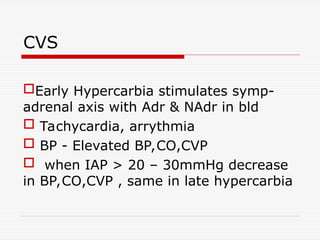CVS
Early Hypercarbia stimulates symp-
adrenal axis with Adr & NAdr in bld
 Tachycardia, arrythmia
 BP - Elevated BP,CO,CVP
 when IAP > 20 – 30mmHg decrease
in BP,CO,CVP , same in late hypercarbia
 