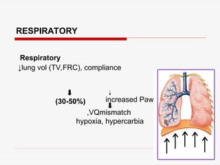 RESPIRATORY
Respiratory
↓lung vol (TV,FRC), compliance
,VQmismatch
hypoxia, hypercarbia
(30-50%) increased Paw
 