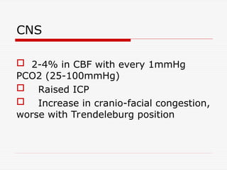CNS
 2-4% in CBF with every 1mmHg
PCO2 (25-100mmHg)
 Raised ICP
 Increase in cranio-facial congestion,
worse with Trendeleburg position
 