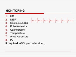 MONITORING
1. HR
2. NIBP
3. Continous ECG
4. Pulse oximetry
5. Capnography
6. Temperature
7. Airway pressure
8. IAP
If required, ABG, precordial sthet.,
 