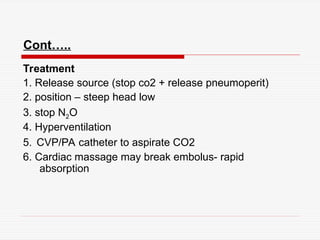 Cont…..
Treatment
1. Release source (stop co2 + release pneumoperit)
2. position – steep head low
3. stop N2O
4. Hyperventilation
5. CVP/PA catheter to aspirate CO2
6. Cardiac massage may break embolus- rapid
absorption
 