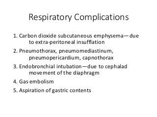 Respiratory Complications
1. Carbon dioxide subcutaneous emphysema—due
to extra-peritoneal insufflation
2. Pneumothorax, pneumomediastinum,
pneumopericardium, capnothorax
3. Endobronchial intubation—due to cephalad
movement of the diaphragm
4. Gas embolism
5. Aspiration of gastric contents
 