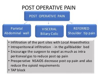 POST OPERATIVE PAIN
• Infiltration of the port sites with Local Anaesthetics
• Intraperitoneal infiltration - in the gallbladder bed
• Encourage the surgeon to expel as much as intra
peritoneal gas to reduce post op pain
• Preoperative NSAIDS decrease post op pain and also
reduce the opioid requirements
• TAP block
POST OPERATIVE PAIN
Parietal
Abdominal wall
VISCERAL
Biliary Colic
REFERRED
Shoulder tip pain
 