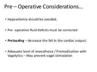 Pre – Operative Considerations…
• Hypovolemia should be avoided.
• Pre- operative fluid deficits must be corrected
• Preloading – decrease the fall in the cardiac output.
• Adequate level of anaesthesia / Premedication with
Vagolytics – May prevent vagal stimulation
 