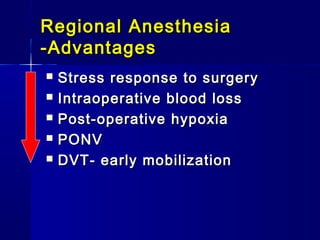 Regional Anesthesia
-Advantages
   Stress response to surgery
   Intraoperative blood loss
   Post-operative hypoxia
   PONV
   DVT- early mobilization
 