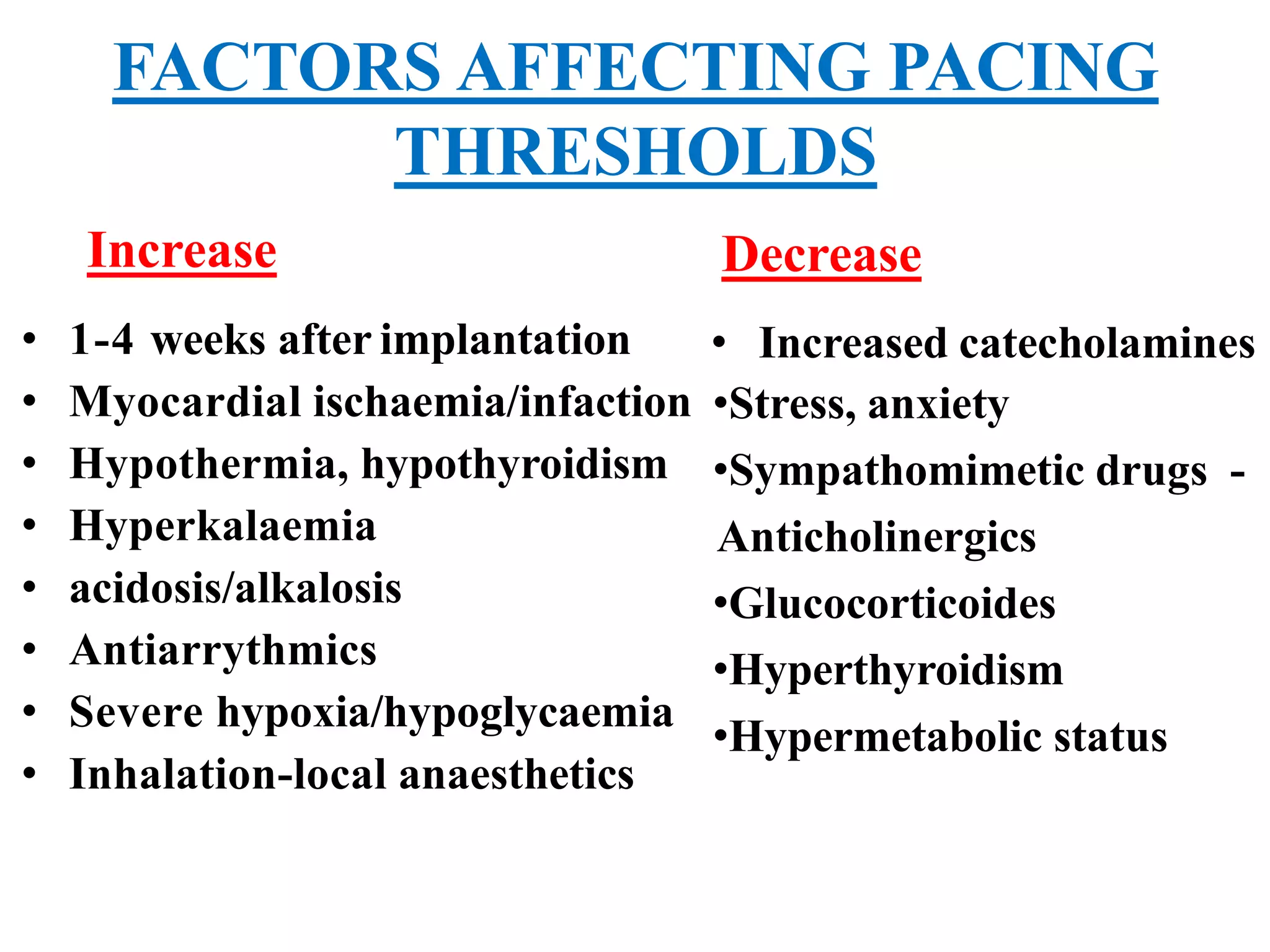 FACTORS AFFECTING PACING
THRESHOLDS
Increase
• 1-4 weeks after implantation
• Myocardial ischaemia/infaction
• Hypothermia, hypothyroidism
• Hyperkalaemia
• acidosis/alkalosis
• Antiarrythmics
• Severe hypoxia/hypoglycaemia
• Inhalation-local anaesthetics
Decrease
• Increased catecholamines
•Stress, anxiety
•Sympathomimetic drugs -
Anticholinergics
•Glucocorticoides
•Hyperthyroidism
•Hypermetabolic status
 