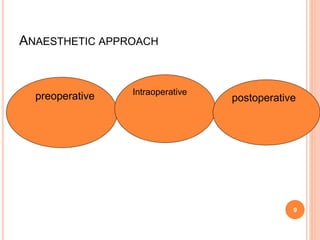 ANAESTHETIC APPROACH
9
 preoperative Intraoperative
postoperative
 