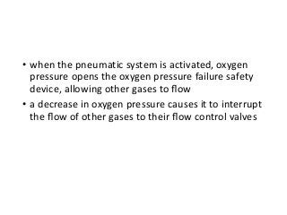 • when the pneumatic system is activated, oxygen
pressure opens the oxygen pressure failure safety
device, allowing other gases to ﬂow
• a decrease in oxygen pressure causes it to interrupt
the ﬂow of other gases to their ﬂow control valves
 