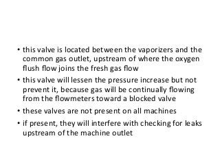 • this valve is located between the vaporizers and the
common gas outlet, upstream of where the oxygen
ﬂush ﬂow joins the fresh gas ﬂow
• this valve will lessen the pressure increase but not
prevent it, because gas will be continually ﬂowing
from the ﬂowmeters toward a blocked valve
• these valves are not present on all machines
• if present, they will interfere with checking for leaks
upstream of the machine outlet
 