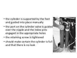• the cylinder is supported by the foot
and guided into place manually
• the port on the cylinder valve is guided
over the nipple and the index pins
engaged in the appropriate holes
• the retaining screw is tightened
• should make certain the cylinder is full
and that there is no leak
 