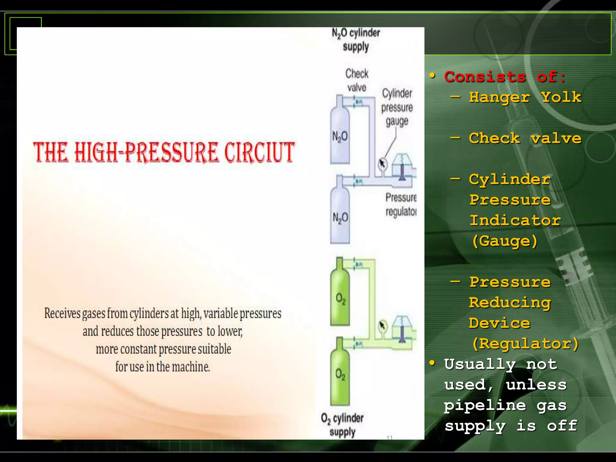 • Consists of:
– Hanger Yolk
– Check valve
– Cylinder
Pressure
Indicator
(Gauge)
– Pressure
Reducing
Device
(Regulator)
• Usually not
used, unless
pipeline gas
supply is off
 