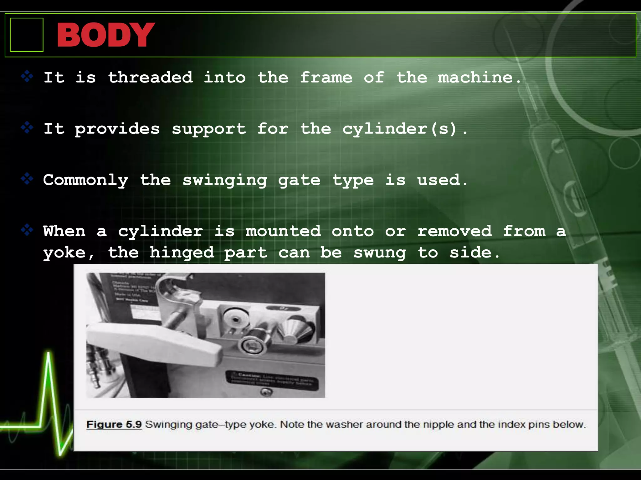 BODY
 It is threaded into the frame of the machine.
 It provides support for the cylinder(s).
 Commonly the swinging gate type is used.
 When a cylinder is mounted onto or removed from a
yoke, the hinged part can be swung to side.
 