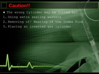 Caution!!
The wrong Cylinder may be fitted by:
1. Using extra sealing washers
2. Removing of/ Wearing of the Index Pins
3. Placing an inverted gas cylinder
 