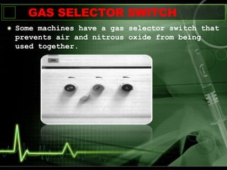 Some machines have a gas selector switch that
prevents air and nitrous oxide from being
used together.
GAS SELECTOR SWITCH
 