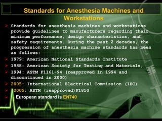 Standards for Anesthesia Machines and
Workstations
 Standards for anesthesia machines and workstations
provide guidelines to manufacturers regarding their
minimum performance, design characteristics, and
safety requirements. During the past 2 decades, the
progression of anesthesia machine standards has been
as follows:
 1979: American National Standards Institute
 1988: American Society for Testing and Materials,
 1994: ASTM F1161-94 (reapproved in 1994 and
discontinued in 2000)
 2005: International Electrical Commission (IEC)
 2005: ASTM (reapproved)F1850
 European standard is EN740
 