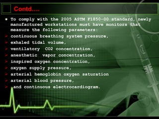 Contd….
To comply with the 2005 ASTM F1850-00 standard, newly
manufactured workstations must have monitors that
measure the following parameters:
 continuous breathing system pressure,
 exhaled tidal volume,
 ventilatory CO2 concentration,
 anesthetic vapor concentration,
 inspired oxygen concentration,
 oxygen supply pressure,
 arterial hemoglobin oxygen saturation
 arterial blood pressure,
 and continuous electrocardiogram.
 