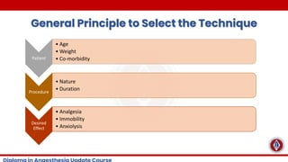 General Principle to Select the Technique
Patient
• Age
• Weight
• Co-morbidity
Procedure
• Nature
• Duration
Desired
Effect
• Analgesia
• Immobility
• Anxiolysis
 