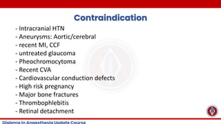 Contraindication
- Intracranial HTN
- Aneurysms: Aortic/cerebral
- recent MI, CCF
- untreated glaucoma
- Pheochromocytoma
- Recent CVA
- Cardiovascular conduction defects
- High risk pregnancy
- Major bone fractures
- Thrombophlebitis
- Retinal detachment
 