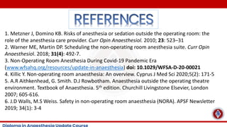 1. Metzner J, Domino KB. Risks of anesthesia or sedation outside the operating room: the
role of the anesthesia care provider. Curr Opin Anaesthesiol. 2010; 23: 523–31
2. Warner ME, Martin DP. Scheduling the non-operating room anesthesia suite. Curr Opin
Anaesthesiol. 2018; 31(4): 492-7.
3. Non-Operating Room Anesthesia During Covid-19 Pandemic Era
(www.wfsahq.org/resources/update-in-anaesthesia) doi: 10.1029/WFSA-D-20-00021
4. Killic Y. Non-operating room anaesthesia: An overview. Cyprus J Med Sci 2020;5(2): 171-5
5. A.R Aithkenhead, G. Smith. D.J Rowbotham. Anaesthesia outside the operating theatre
environment. Textbook of Anaesthesia. 5th edition. Churchill Livingstone Elsevier, London
2007; 605-616.
6. J.D Walls, M.S Weiss. Safety in non-operating room anaesthesia (NORA). APSF Newsletter
2019; 34(1): 3-4
 
