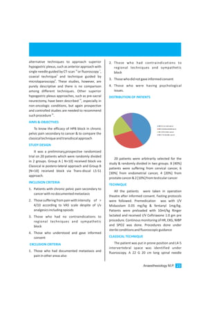 alternative techniques to approach superior
hypogastric plexus, such as anterior approach with
14 7
single needle guided by CT-scan or fluoroscopy ,
6
coaxial technique and technique guided by
8
microlaparoscopy . These studies, however, are
purely descriptive and there is no comparison
among different techniques. Other superior
hypogastric plexus approaches, such as pre-sacral
15
neurectomy, have been described , especially in
non-oncologic conditions, but again prospective
and controlled studies are needed to recommend
33
suchprocedure .
To know the efficacy of HPB block in chronic
pelvic pain secondary to cancer & to compare the
classicaltechniqueandtransdiscalapproach
It was a preliminary,prospective randomized
trial on 20 patients which were randomly divided
in 2 groups. Group A [ N=10] received block via
Classical ie postero-lateral approach and Group B
[N=10] received block via Trans-discal L5-S1
approach.
1. Patients with chronic pelvic pain secondary to
cancerwithnodocumentedmetastasis
2. Thosesufferingfrompainwithintensity of >
4/10 according to VAS scale despite of i/v
analgesicsincludingopioids
3. Those who had no contraindications to
regional techniques and sympathetic
block
4. Those who understood and gave informed
consent
1. Those who had documented metastasis and
paininotherareasalso
AIMS & OBJECTIVES
STUDY DESIGN
INCLUSION CRITERIA
EXCLUSION CRITERIA
2. Those who had contraindications to
regional techniques and sympathetic
block
3. Thosewhodidnotgaveinformedconsent
4. Those who were having psychological
issues.
20 patients were arbitrarily selected for the
study & randomly divided in two groups. 8 [40%]
patients were suffering from cervical cancer, 6
[30%[ from endometrial cancer, 4 [20%] from
prostatecancer&2[10%]fromtesticularcancer
All the patients were taken in operation
theatre after informed consent. Fasting protocols
were followed. Premedication was with I/V
Midazolam 0.05 mg/kg & fentanyl 1mg/kg.
Patients were preloaded with 10ml/kg Ringer
lactated and received I/V Ceftriaxone 1.0 gm pre
procedure. Continous monitoring of HR, EKG, NIBP
and SPO2 was done. Procedures done under
sterileconditionsandfluoroscopicguidance
The patient was put in prone position and L4-5
intervertebral space was identified under
fluoroscopy. A 22 G 20 cm long spinal needle
DISTRIBUTION OF PATIENTS
TECHNIQUE
CLASSICAL TECHNIQUE
Anaesthesiology M.P. 23
 