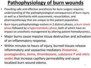 Pathophysiology of burn wounds
• Providing safe and effective anesthesia for burn surgery requires
understanding of the pathophysiological consequences of burn injury
as well as a familiarity with assessment, resuscitation, and
pharmacotherapy that are unique to this patient population.
• Burn injury pathophysiology evolves in 2 distinct phases, a burn shock
phase followed by a hypermetabolic phase, both of which have an
impact on anesthetic management by altering patient hemodynamics.
• Major burns cause massive tissue destruction and activation
of an inflammatory response.
• Within minutes to hours of injury, burned tissues release
inflammatory and vasoactive mediators (histamine,
prostaglandins, kinins, thromboxane, substance P and nitric
oxide) that increase capillary permeability and cause
localized burn wound edema. 10
 